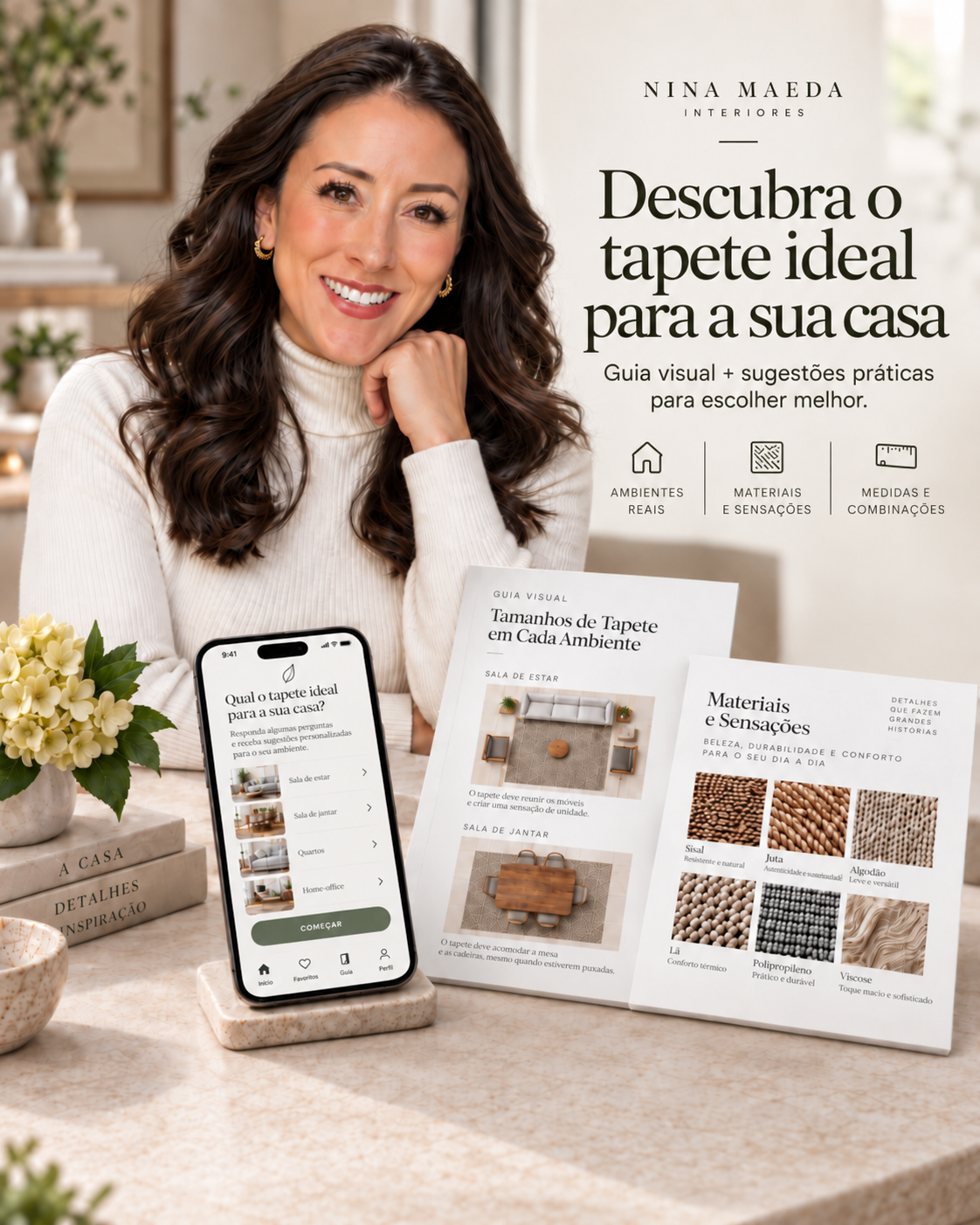 Guia Prático de Tapetes apresentado com aplicativo, páginas visuais e amostra de textura