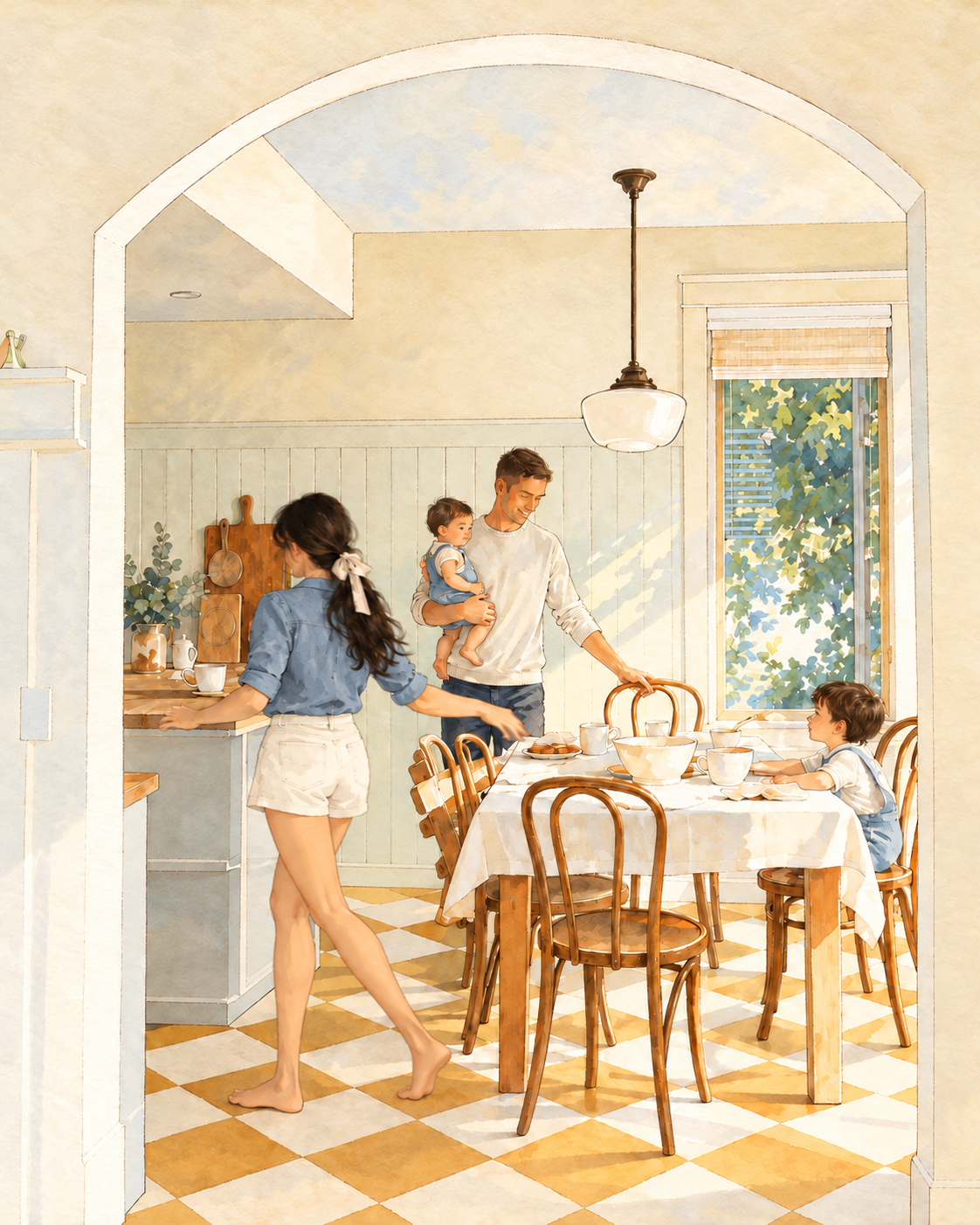 Ilustração em aquarela de família reunida em um quarto