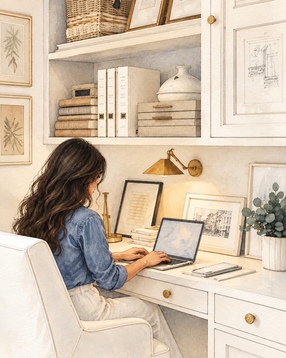 Ilustração em aquarela de home office francês